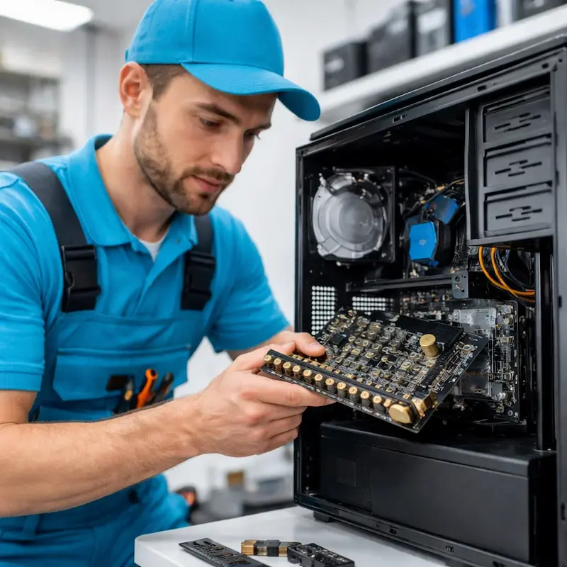 Мастер устанавливает звуковую карту на ПК в Клину